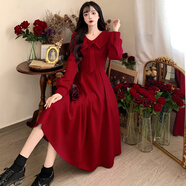 微愛的小松鼠（weiaidexiaosongshu）大碼女裝法式減齡娃娃領(lǐng)紅色連衣裙女秋季赫本風(fēng)氣質(zhì)敬酒禮服長裙 紅色 大碼2XL
