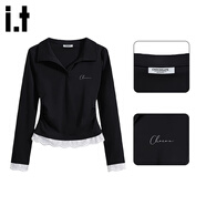 :CHOCOOLATE  it女裝衣服正肩收腰短款長(cháng)袖T恤女秋polo領(lǐng)蕾絲拼接打底衫上衣 黑色-毛毛蟲(chóng)字母 L