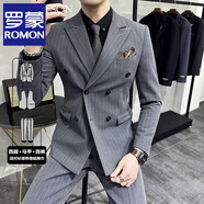 羅蒙（ROMON）雙排扣英倫西服套裝男新郎婚禮修身正裝上班休閑時(shí)尚條紋帥氣西裝 雙排扣霧灰色(西服+馬甲+西褲+襯衫） 2XL
