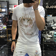 RTGT潮牌夏季新款潮流男刺繡亮片虎頭燙鉆T恤白色上衣修身大碼短袖 白色-燙鉆刺繡虎 3XL