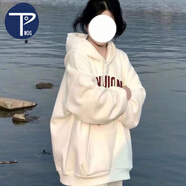 PMOG白色連帽加絨薄款印花衛衣女秋冬美式復古寬松oversize慵懶風(fēng)上衣 白色 加絨  L 適合106-120斤
