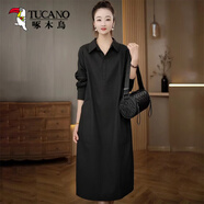 啄木鳥(niǎo)2025秋季新款寬松型長(cháng)袖連衣裙女高級感Polo領(lǐng)氣質(zhì)長(cháng)裙寬松遮肚子 黑色 2XL 建議140-160斤