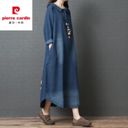 皮爾卡丹牛仔連衣裙女長(cháng)袖2024新款胖mm春秋韓版寬松大尺碼遮肉顯瘦襯衫裙 牛仔藍 L 【建議110-125斤】