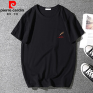 皮爾卡丹（pierre cardin）品牌夏季男t恤短袖純棉寬松胖子半袖打底衫大碼休閑肥佬體恤上衣 黑色 羽毛筆 M 110-120斤