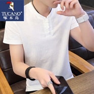 啄木鳥(niǎo)短袖t恤男夏季中國風(fēng)男士棉麻v領(lǐng)半袖潮體恤上衣服男裝夏裝 乳白色 2XL