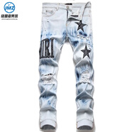 結盟者春夏復古拼接破洞貼布牛仔褲男士刺繡修身小腳褲男彈力繡花長(cháng)褲子 SS_3091_AM 30