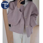 PMOG法式小香風(fēng)紫色短款毛呢外套女秋冬季小個(gè)子潮寬松毛呢子大衣開(kāi)衫 淡紫色 薄款 M