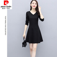 皮爾卡丹（pierre cardin）23年新款秋冬裝150小個(gè)子時(shí)尚連衣裙女長(cháng)袖V領(lǐng)園領(lǐng)修身顯瘦中長(cháng)款 黑色V領(lǐng) L 建議100-110斤
