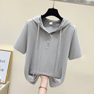 錦彩灣有戴帶帽孑的棉半袖連帽短袖帽衫t恤女士裝夏季新款寬松顯瘦洋氣 灰色 XL（建議115斤至130斤）