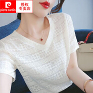皮爾卡丹（pierre cardin）高檔蕾絲短袖t恤女士小衫2025夏季新款V領(lǐng)氣質(zhì)雪紡.衫上衣潮 SD1705 白色 2XL