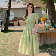 穆夏百合茶歇法式連衣裙女士夏2025年新款女裝氣質(zhì)高級感夏天絕美仙女裙子 黃綠色 S 90斤內(nèi)
