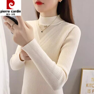 皮爾卡丹羊毛衣女秋新款半高領(lǐng)蕾絲網(wǎng)紗純色修身套頭針織打底衫內(nèi)搭洋氣潮 杏色 加厚 S
