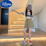 迪士尼（Disney）女童背心短褲套裝爵士街舞夏季2025新款兒童褲子女孩大童工裝裙褲 套裝(米色上衣+卡其色裙褲) 150 (適合140-150cm，9-10歲)