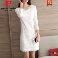 皮爾卡丹（pierre cardin）加絨加厚包臀連衣裙2024秋冬新款修身長(cháng)袖t恤中長(cháng)款蕾絲打底衫女 一體絨 白色(全身加絨) 復合一體 M 建議 95~104斤