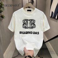 TOUCHPOINT輕奢潮牌 純棉圓領(lǐng)短袖T恤男夏重磅雙紗精梳印花寬松休閑大碼體恤 A038短袖白色 雙B M （100-120斤）