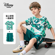 迪士尼（Disney）童裝男女童針織速干短袖t恤套裝2025夏裝新款兒童戶外運(yùn)動(dòng)兩件套 綠色幾何恐龍-速干 110 cm