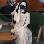春麗珠（Chunlizhu）高級感紗料連衣裙女2024年夏季新款寬松減齡短袖拼接長(cháng)裙子夏天 杏色 M