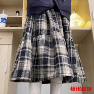 美梵朗毛呢半身裙女中長(cháng)款秋冬新款高腰顯瘦格子裙子a字傘裙蛋糕裙 藏青色-全松緊腰-毛呢-冬裙半身裙 S -冬裙半身裙