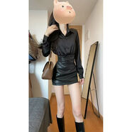 天啟世紀辣妹純欲套裝女秋季新款感氣質(zhì)翻領(lǐng)長(cháng)袖襯衫收腰包臀pu皮裙子 襯衫+包臀皮裙 S