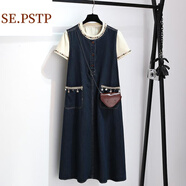 夏典素訂女王（SE.PSTP）復古短袖T恤搭配牛仔連衣裙女薄款2025夏季新款無(wú)袖背心裙兩件套 上衣+藍色牛仔裙【套裝】 S