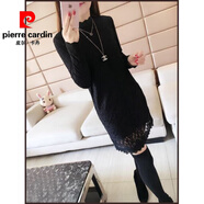 皮爾卡丹（pierre cardin）加絨加厚蕾絲中長(cháng)款t恤衫女秋冬新款修身長(cháng)袖內搭保暖打底連衣裙 黑色（薄款） M