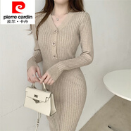皮爾卡丹（pierre cardin）冬中長裙氣質(zhì)V領(lǐng)輕熟風杏色修身打底裙針織彈力顯瘦包臀毛線裙 卡其色 均碼