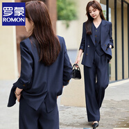 羅蒙（ROMON）西裝套裝女夏季小個(gè)子女神范馬甲西服外套三件套高級(jí)感職業(yè)正裝女 深藍(lán)色(西裝+長褲) L 【建議100斤~109斤】