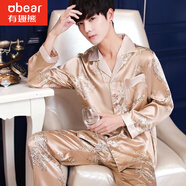 有趣熊睡衣男冰絲男士大碼夏季家居服仿真絲春秋款新品絲綢睡褲裝薄款 NSLQ-龍紋-香檳金-雙長(cháng) 男-XL(168-178cm，120-145斤)