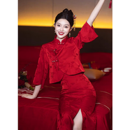 莉紗芙特2025年春天秋季新款女士兩件套裝連衣裙子訂婚旗袍中式敬酒禮服衣 棗紅色 S 85-98斤