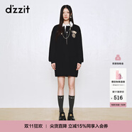 DZZIT地素連衣裙秋冬復古學院風翻領(lǐng)長袖毛巾繡logo徽章女 黑色 XS