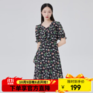 艾萊依（ERAL）商場同款連衣裙女泡泡袖花影連衣裙V領設計感碎花裙子小清新長裙 黑底色花 S 155/80A