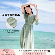 香影v領(lǐng)雪紡連衣裙女2025夏季新款荷葉袖單排扣收腰過(guò)膝垂感裙子 荷綠 XL