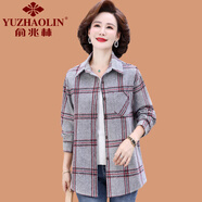 俞兆林（YUZHAOLIN）媽媽春秋新款格子襯衫寬松大碼中老年女裝磨毛休閑襯衣薄外套上衣 281灰色格 XL 參考95-115斤