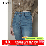 AIVEI欣賀艾薇2024冬季高腰修身燙鉆心形微喇牛仔長褲C761905B 藍(lán)色 M