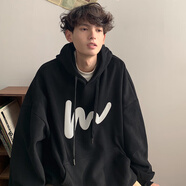 WEIJUE連帽衛衣男2024新款秋冬季學(xué)生寬松潮牌寬松日系重磅男生上衣外套 黑色 XL碼（110斤-145斤）