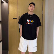 陌汀新款高街休閑字母夏季潮流短袖T恤男圓領(lǐng)純棉寬松打底半袖體恤衫 黑色 S 身高160-170 體重95-110