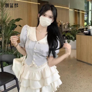 漫藍(lán)夢甜辣學(xué)院風(fēng)套裝女短袖襯衫上衣夏季新款蛋糕半身裙減齡裙子兩件套 白色蓬蓬裙 S