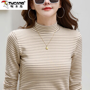 啄木鳥(niǎo)保暖內搭長(cháng)袖條紋t恤半高領(lǐng)棉T打底衫女秋冬修身洋氣加厚百搭韓系 428杏條 (拼接領(lǐng)) L 建議105-115斤