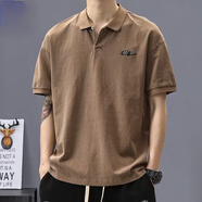 凱羅盾法式工裝男t恤美式復(fù)古短袖男polo衫夏季寬松大碼帶領(lǐng)翻領(lǐng)體桖 卡其色 M