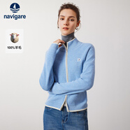 Navigare意大利小帆船羊毛衫女士秋冬季半高領(lǐng)彈力休閑毛衣通勤針織開衫女 邦迪藍(lán)/白 L