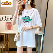 初徑歐貨大版遮臀長(cháng)款白t恤中長(cháng)款短袖女遮屁股寬松長(cháng)t配鯊魚(yú)褲的上衣 圓圈綠色字母#白 【純棉高品質(zhì)】 L 建議【105-125斤】