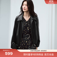 伊芙麗（eifini）蔣欣代言復(fù)古風(fēng)寬松氣質(zhì)皮夾克短外套女新款百搭時(shí)髦外套女 黑色 S