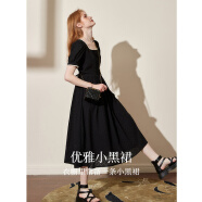 庫恩瑪維法式方領(lǐng)短袖連衣裙女2024年夏季新款高腰純棉拼接A字裙K52155 黑色 S