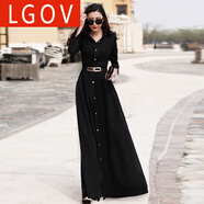 LGOV女裝旗艦店2025女裝春秋歐美高個(gè)子氣質(zhì)170及到腳踝175超長款拖地長裙連衣裙 黑色-金屬扣 M修剪長度(聯(lián)系客服)