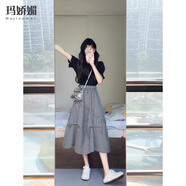 瑪嬌媚（Majiaomei）連衣裙套裝女裝2025年新款夏裝搭配小個(gè)子通勤黑色上衣格子裙子女 上衣+半身裙 S