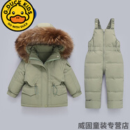 G.DUCKKIDS兒童羽絨服套裝男童背帶褲洋氣加厚1-3歲嬰幼兒冬裝女寶寶兩件套 綠色(黃色毛領(lǐng)) 90 cm