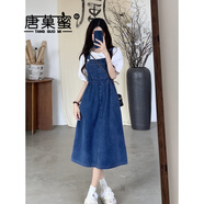 唐菓蜜牛仔背帶裙女夏季2025新款女裝韓版時尚百搭學(xué)院風(fēng)減齡學(xué)生連衣裙 白色上衣+牛仔背帶裙 L