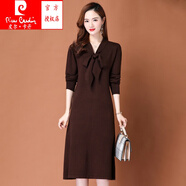 皮爾卡丹（pierre cardin）羊毛衫女秋冬蝴蝶結(jié)洋氣顯瘦連衣裙中長款羊毛針織毛衣裙子 咖色 3XL