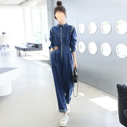 2025春秋女休閑寬松收腰顯瘦工裝長袖牛仔連體衣長褲子連體褲 藍(lán)色 偏深 M 105-115斤