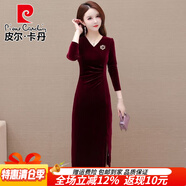 皮爾卡丹長(cháng)袖喜婆婆旗袍婚宴裝2025春秋新款重要場(chǎng)合高檔金絲絨禮服連衣裙 酒紅色 2XL 105-120